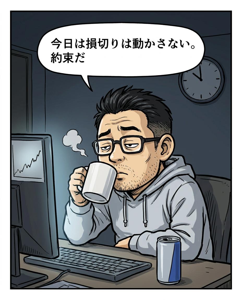 1コマ目。利食安男「今日は損切りは動かさない。約束だ」