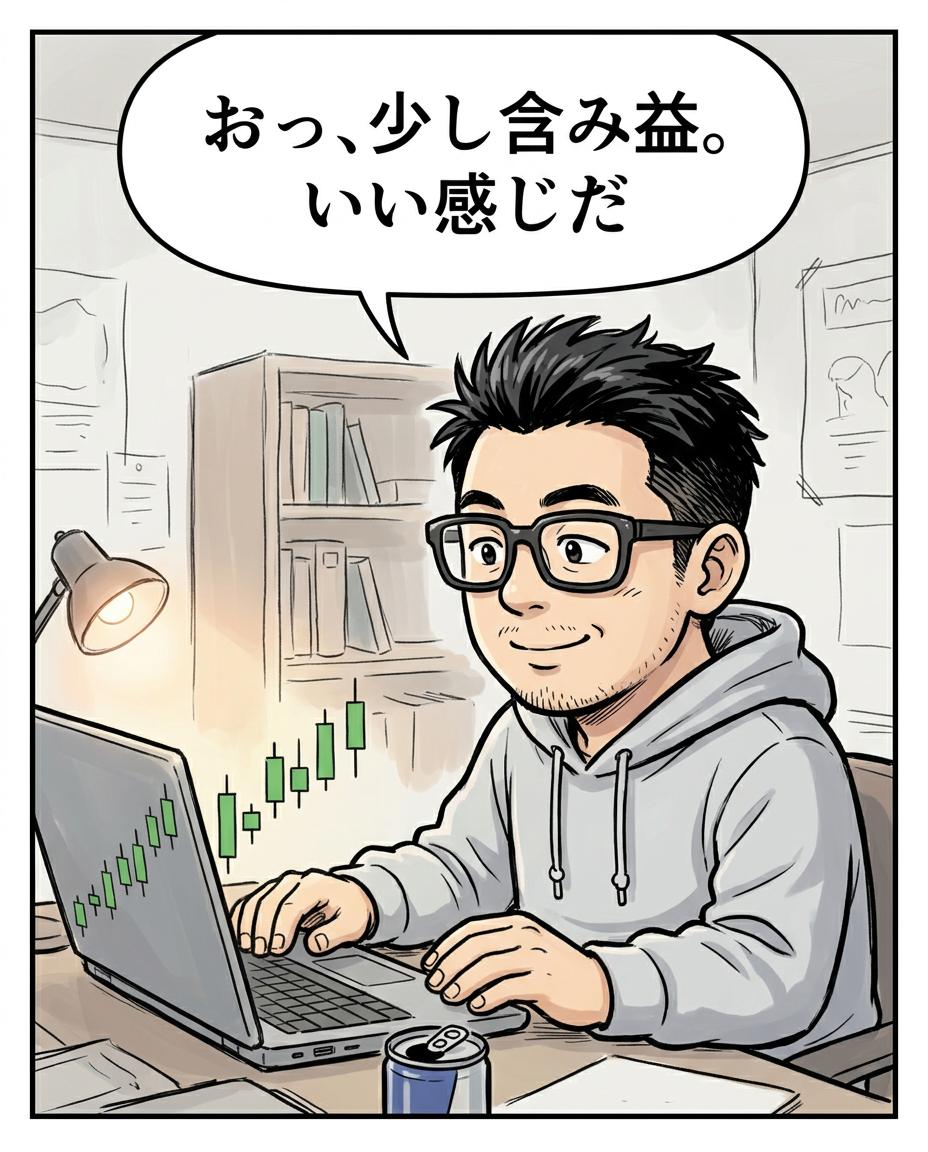 2コマ目。利食安男「おっ、少し含み益。いい感じだ」