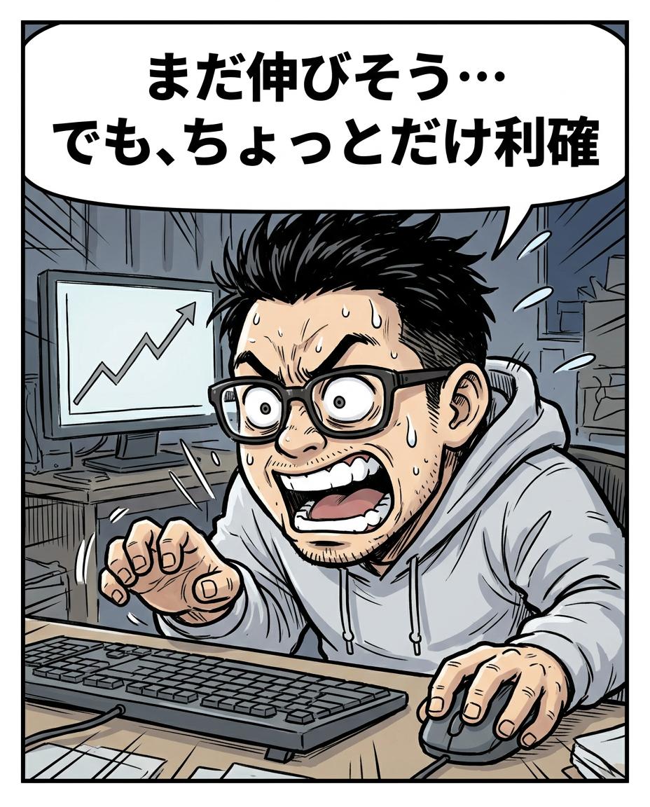 3コマ目。利食安男「まだ伸びそう…でも、ちょっとだけ利確」