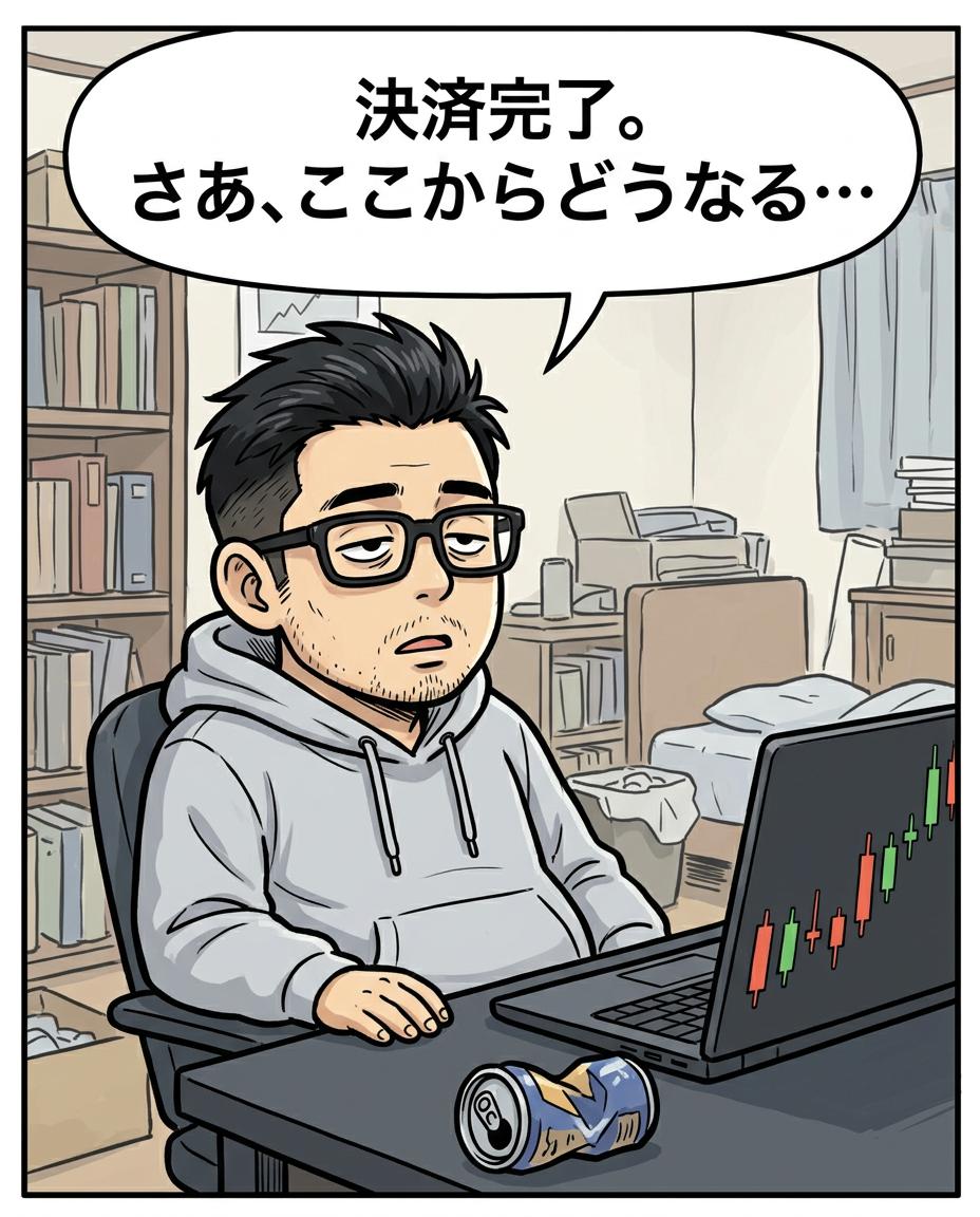 4コマ目。利食安男「決済完了。さあ、ここからどうなる…」