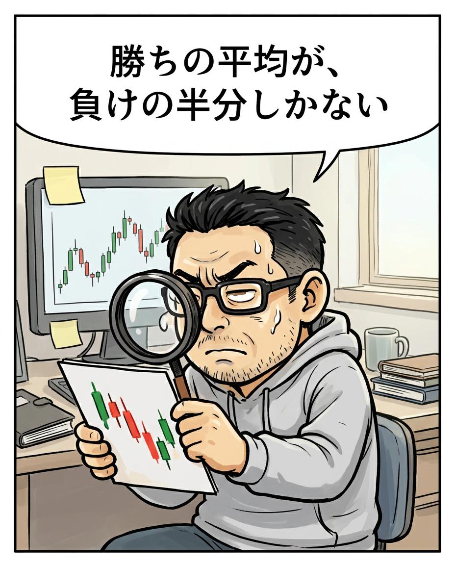 6コマ目。利食安男「勝ちの平均が、負けの半分しかない」