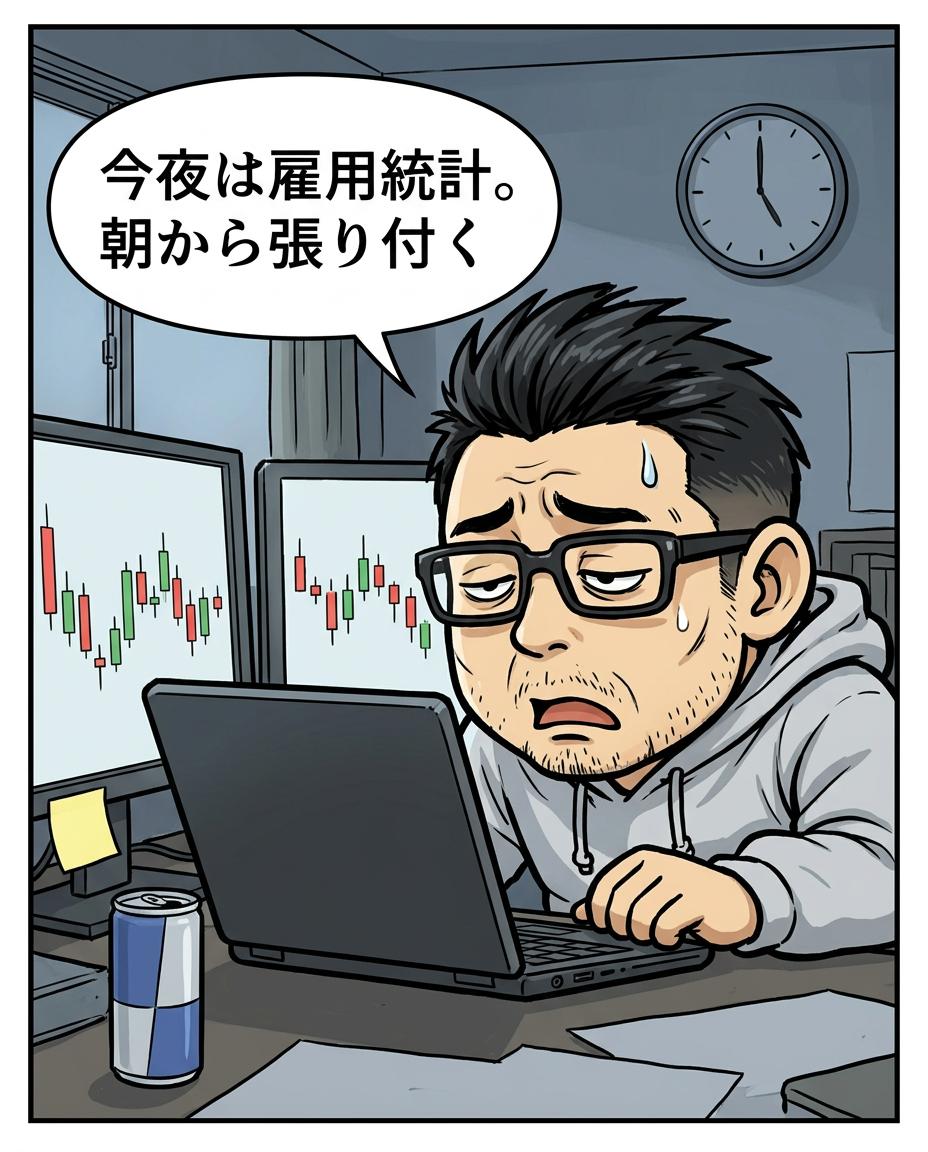 1コマ目。利食安男「今夜は雇用統計。朝から張り付く」