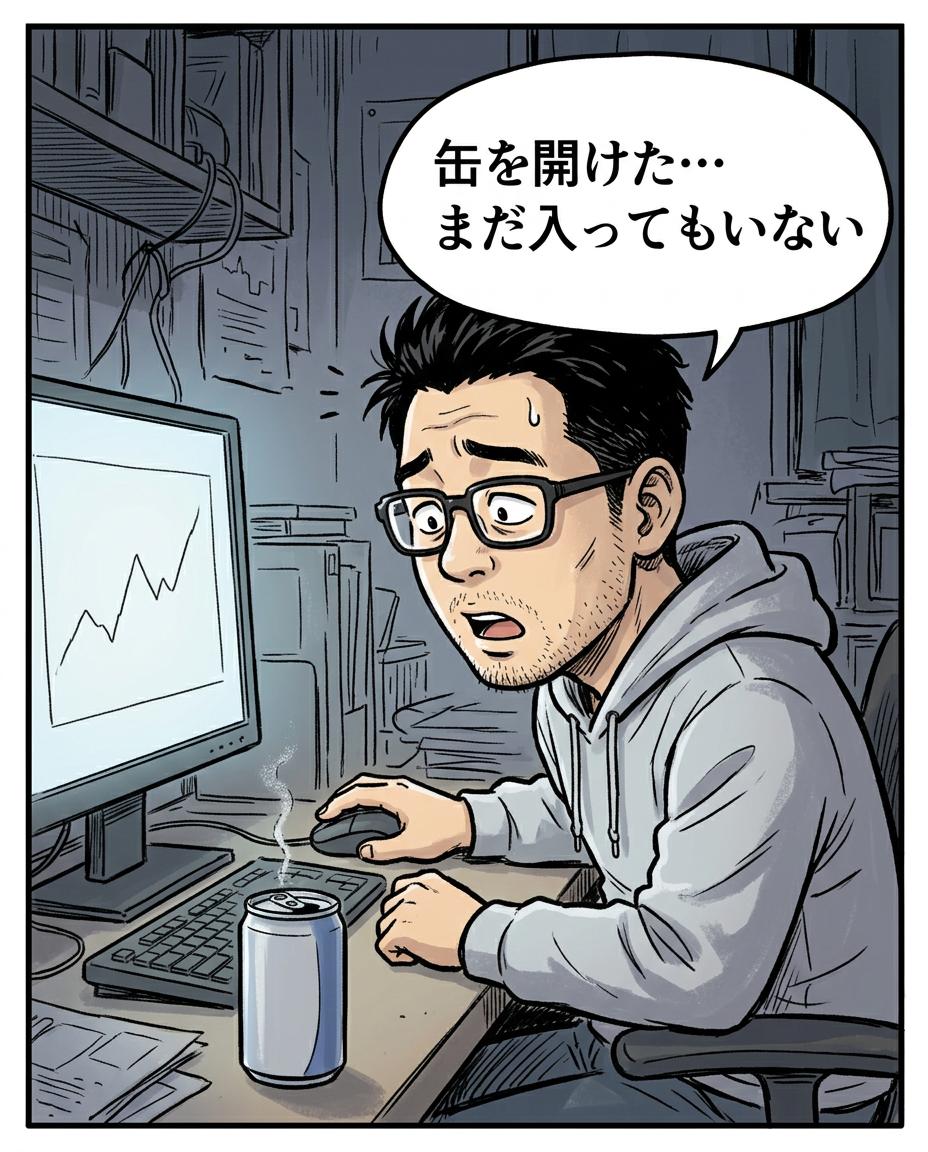 2コマ目。利食安男「缶を開けた…まだ入ってもいない」