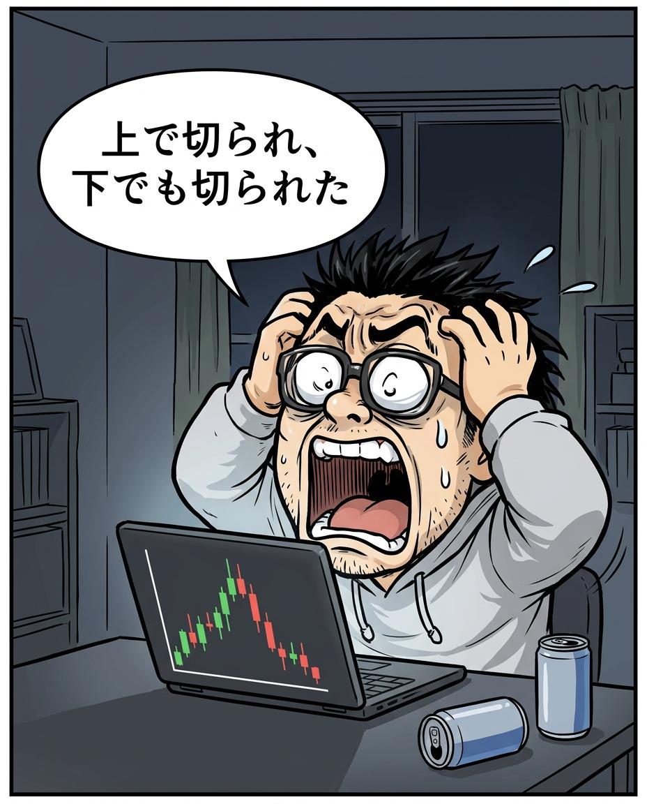 5コマ目。利食安男「上で切られ、下でも切られた」