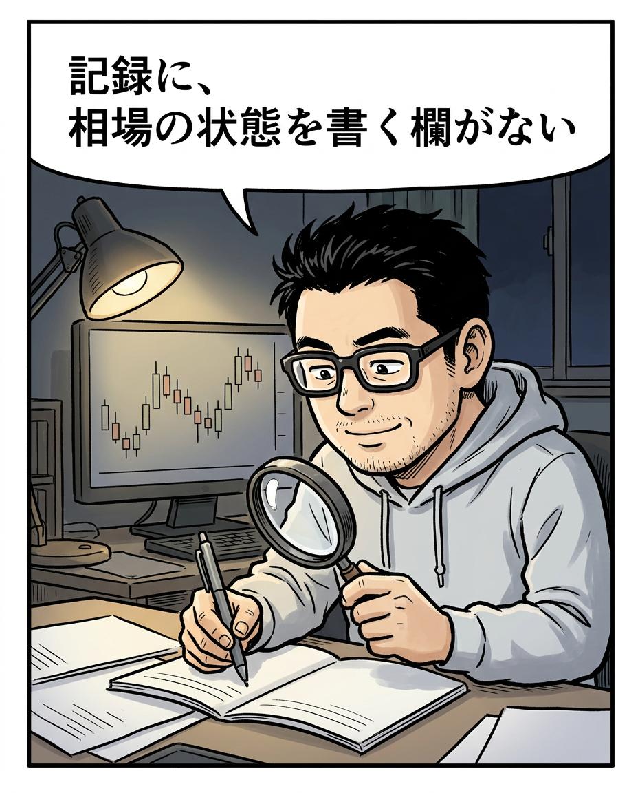 6コマ目。利食安男「記録に、相場の状態を書く欄がない」