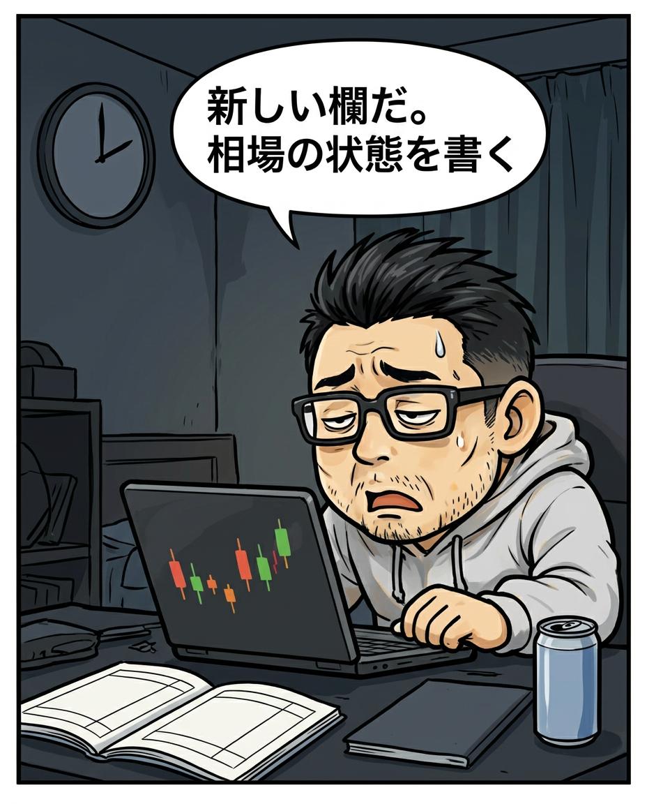 1コマ目。利食安男「新しい欄だ。相場の状態を書く」