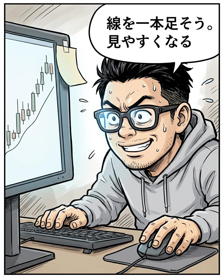 2コマ目。利食安男「線を一本足そう。見やすくなる」