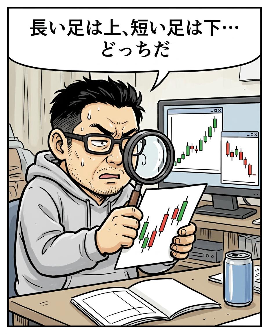 3コマ目。利食安男「長い足は上、短い足は下…どっちだ」