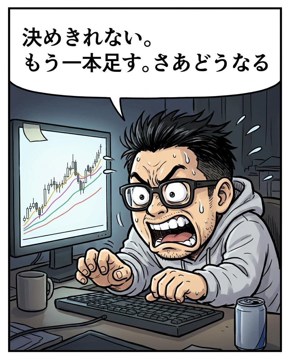 4コマ目。利食安男「決めきれない。もう一本足す。さあどうなる」