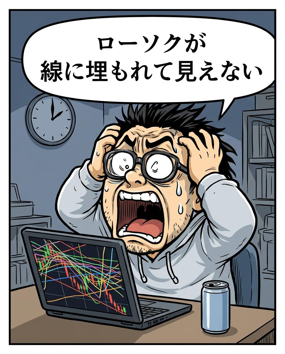 5コマ目。利食安男「ローソクが線に埋もれて見えない」