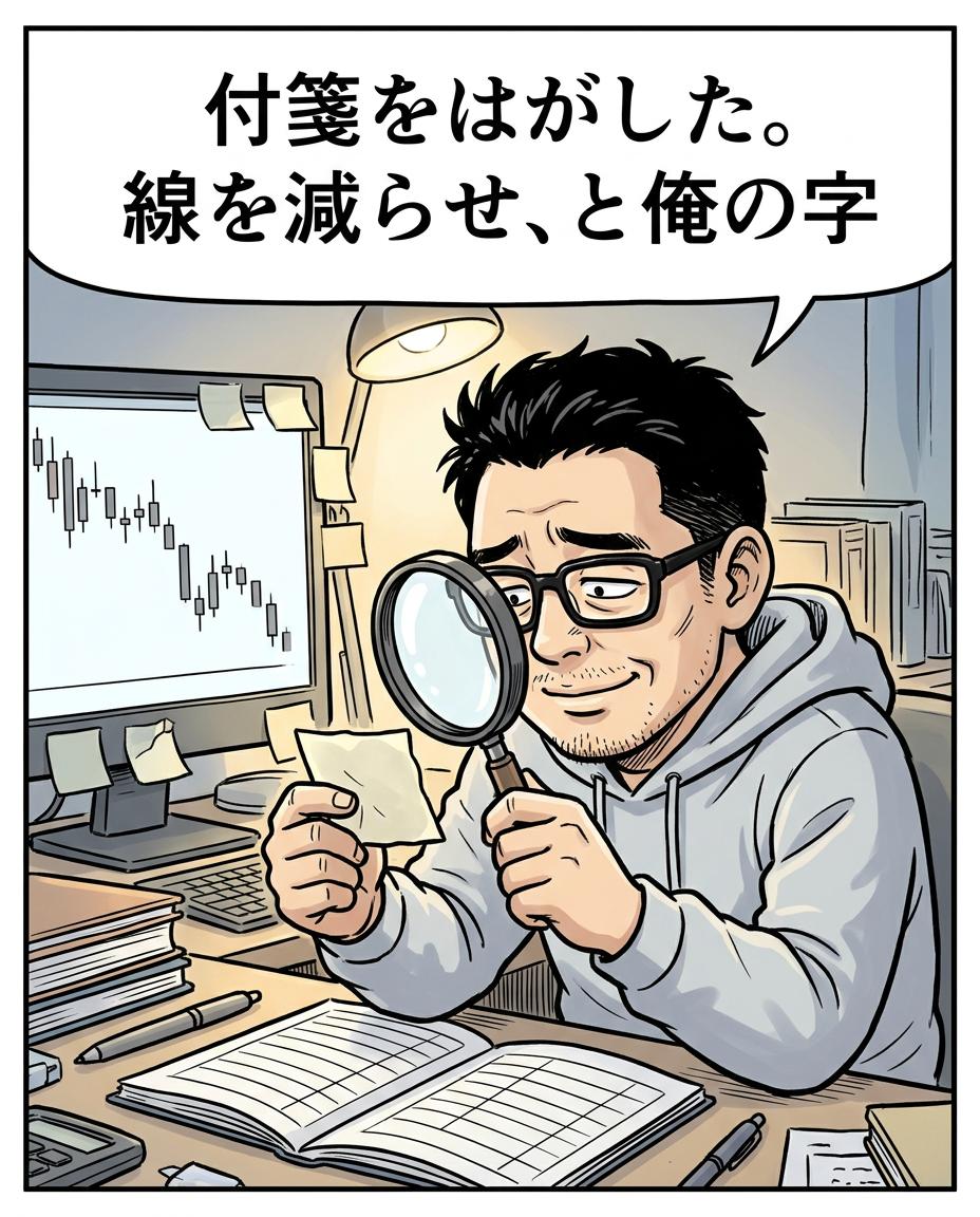 6コマ目。利食安男「付箋をはがした。線を減らせ、と俺の字」