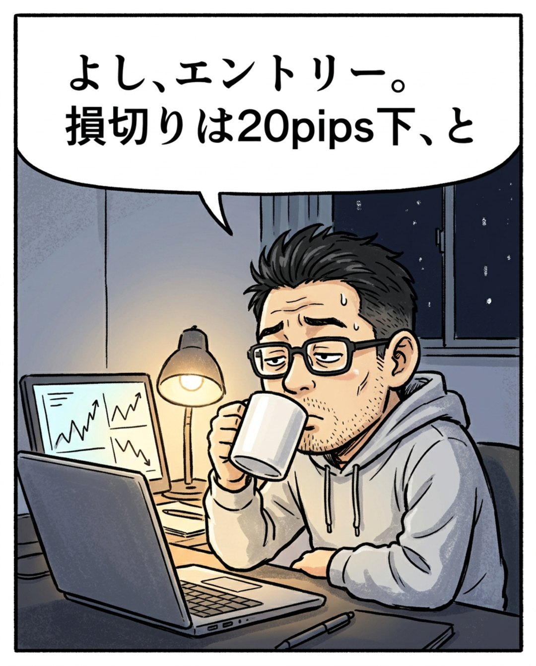 1コマ目。コーヒーを飲みながらパソコンに向かう利食安男「よし、エントリー。損切りは20pips下、と」