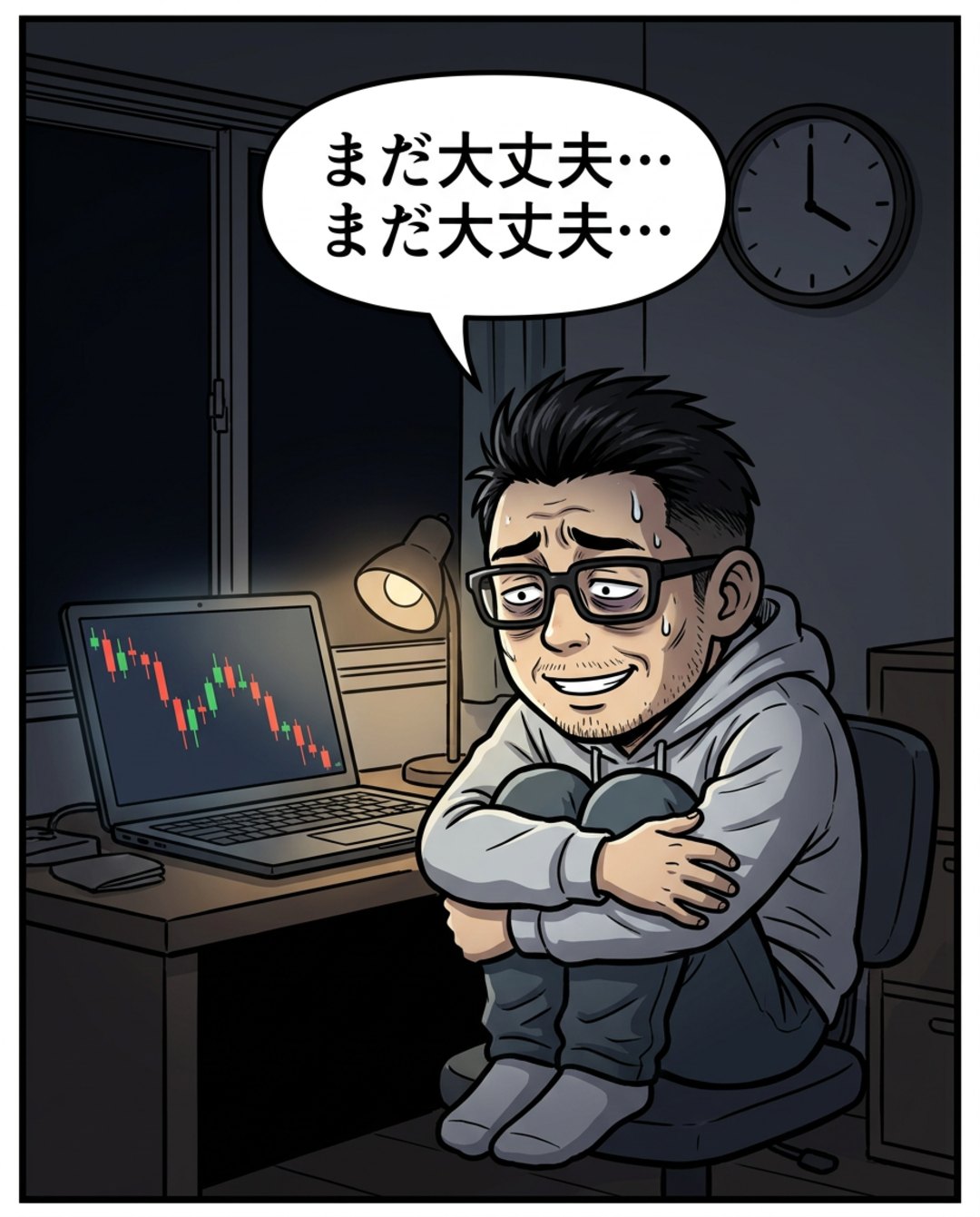 4コマ目。夜中、膝を抱えて、下がり続けるチャートを見る利食安男「まだ大丈夫…まだ大丈夫…」