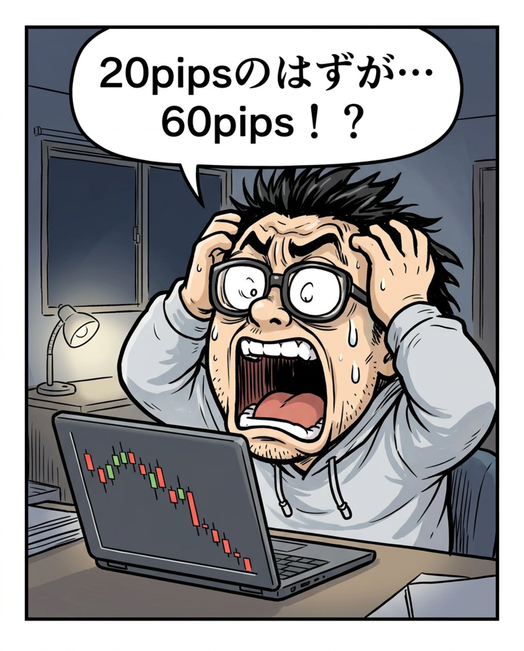 5コマ目。頭を抱えて叫ぶ利食安男「20pipsのはずが…60pips!?」