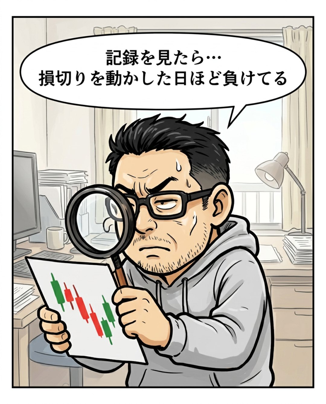 6コマ目。翌朝、虫眼鏡でチャートの記録を見る利食安男「記録を見たら…損切りを動かした日ほど負けてる」